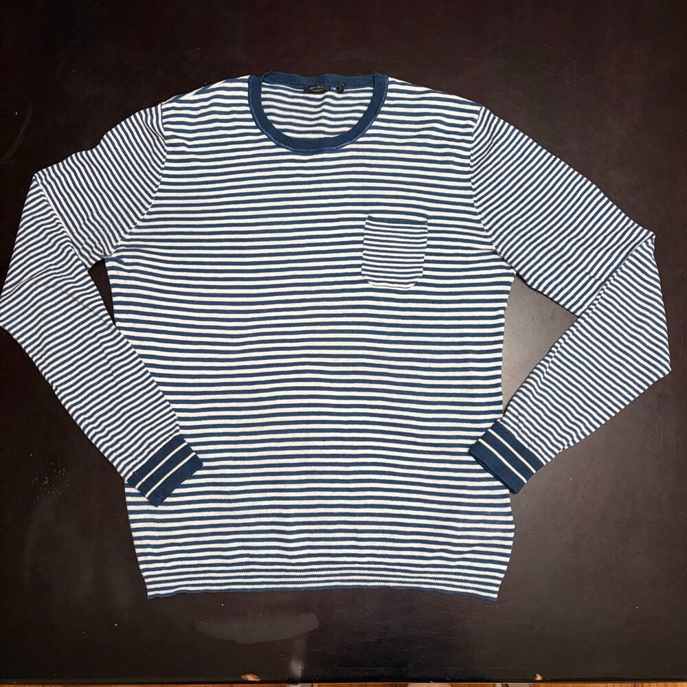IKKS Linen Cotton Striped Sweater Mens M Lightweight Blue White Pocket - Picture 3 of 12